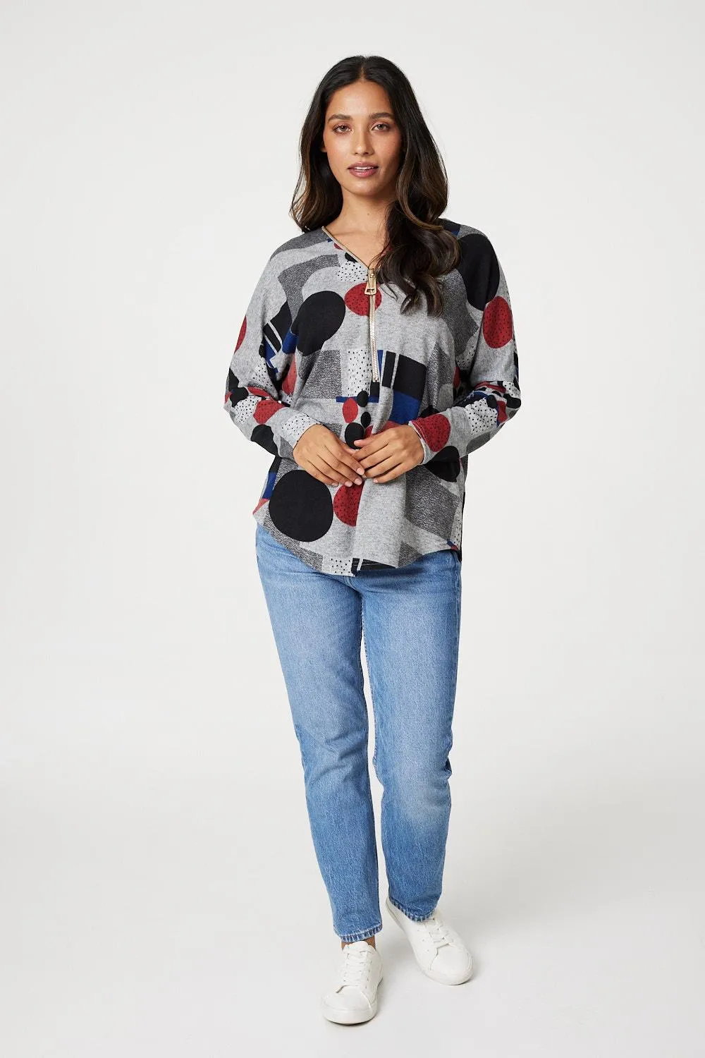 Abstract Print Zip Neck Jumper