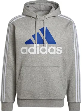 Adidas Mens 3 Stripe Essentials Fleece Logo Hoodie Medium Grey Heather White