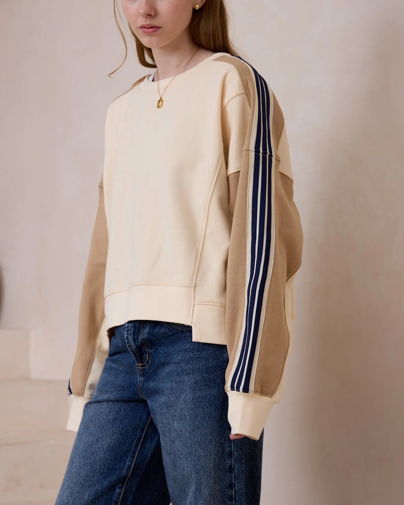 Alex Cream Beige Contrast Stripe Sweatshirt