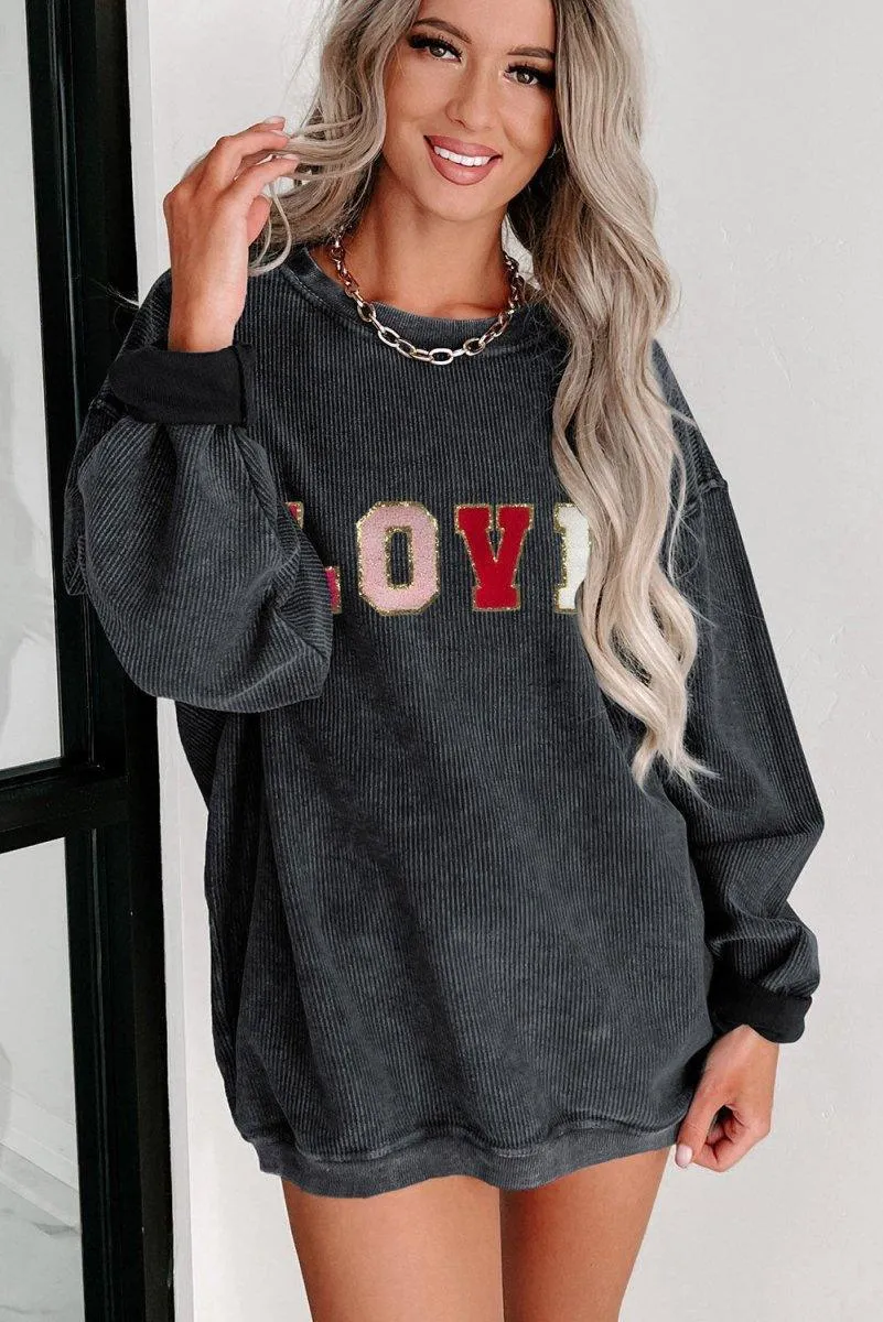 Baggy Corduroy Glitter "LOVE" Graphic Sweatshirt