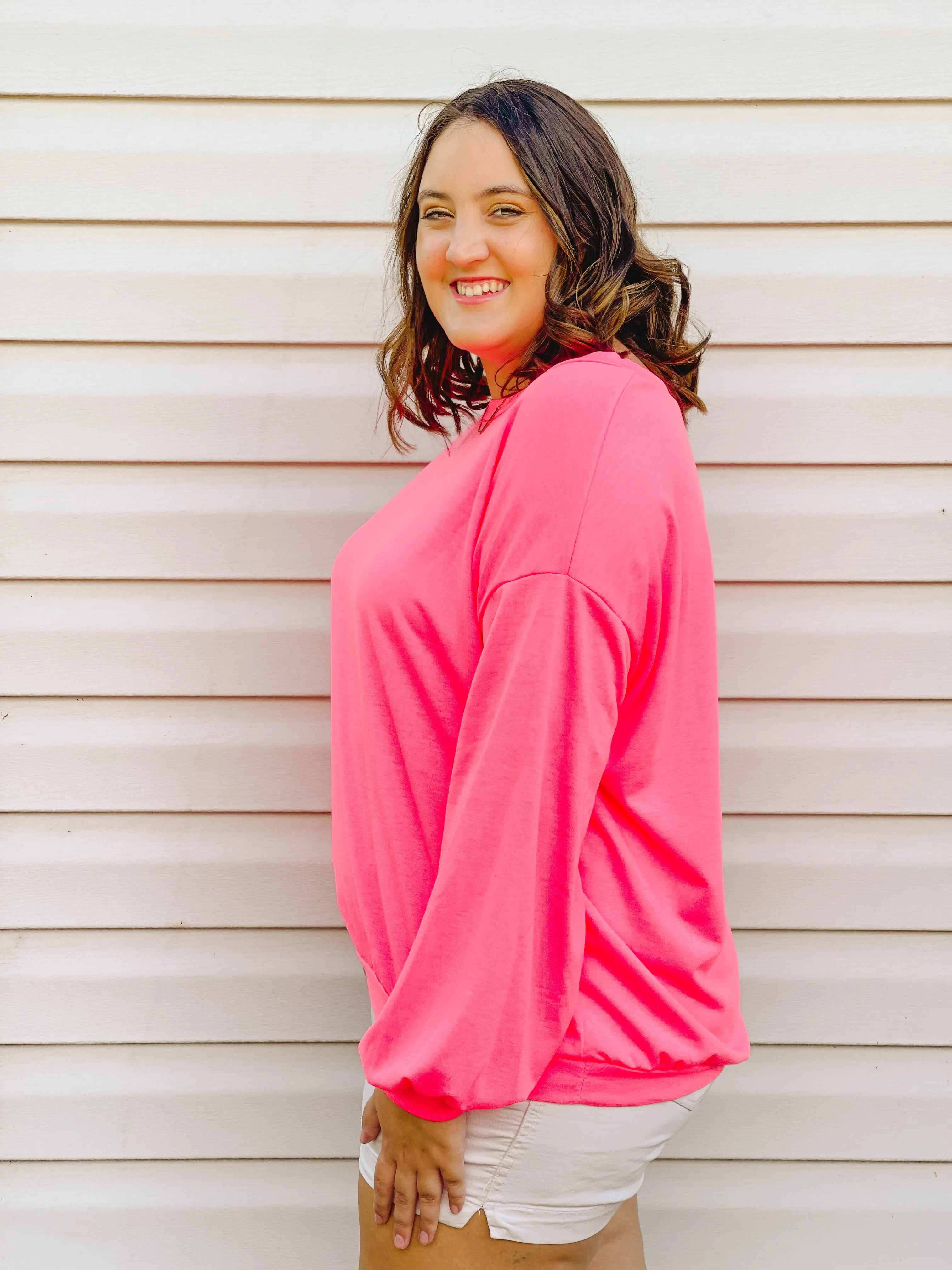 Blush-Worthy Neon Pink Drop-Shoulder Pullover