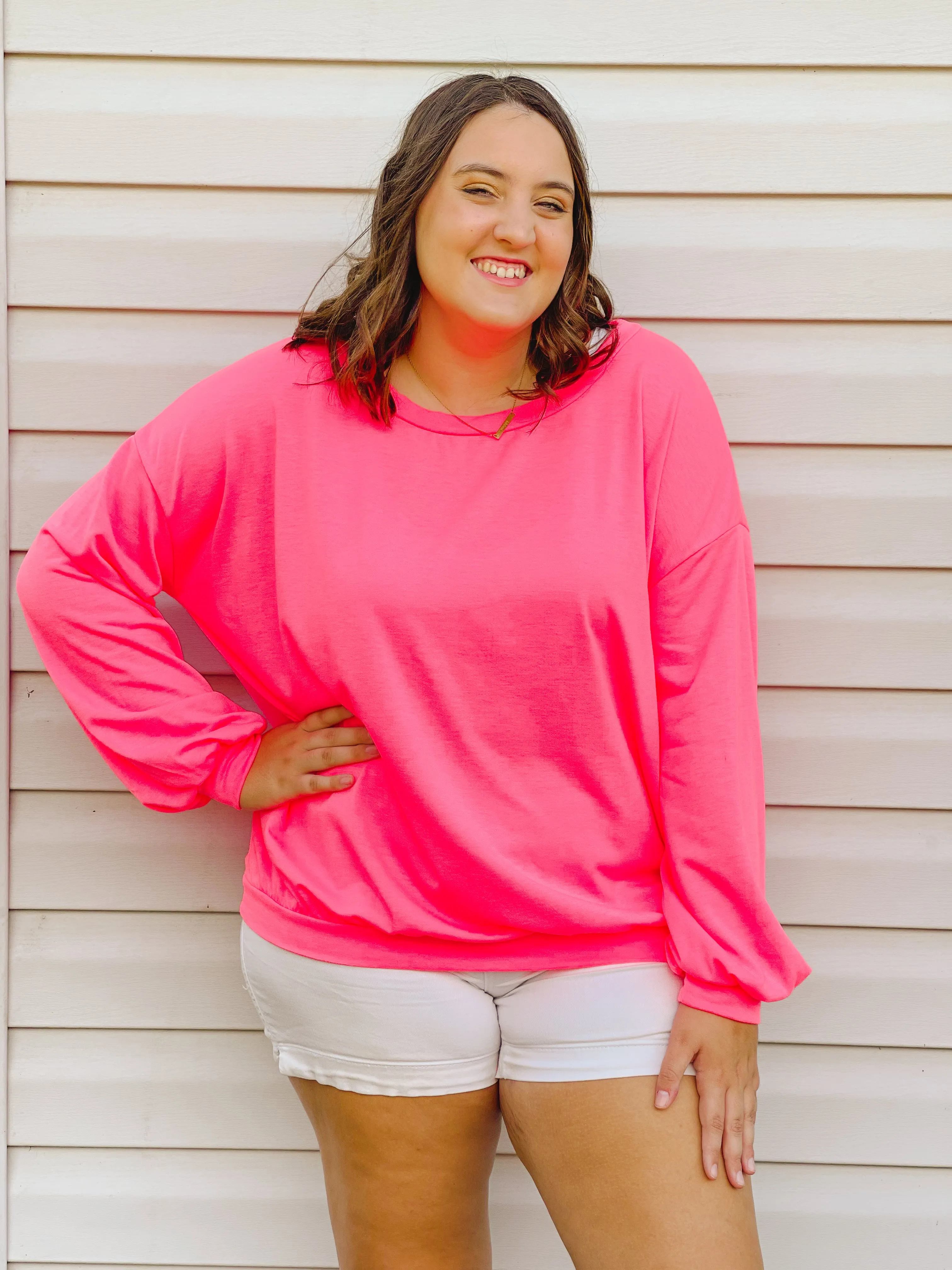 Blush-Worthy Neon Pink Drop-Shoulder Pullover