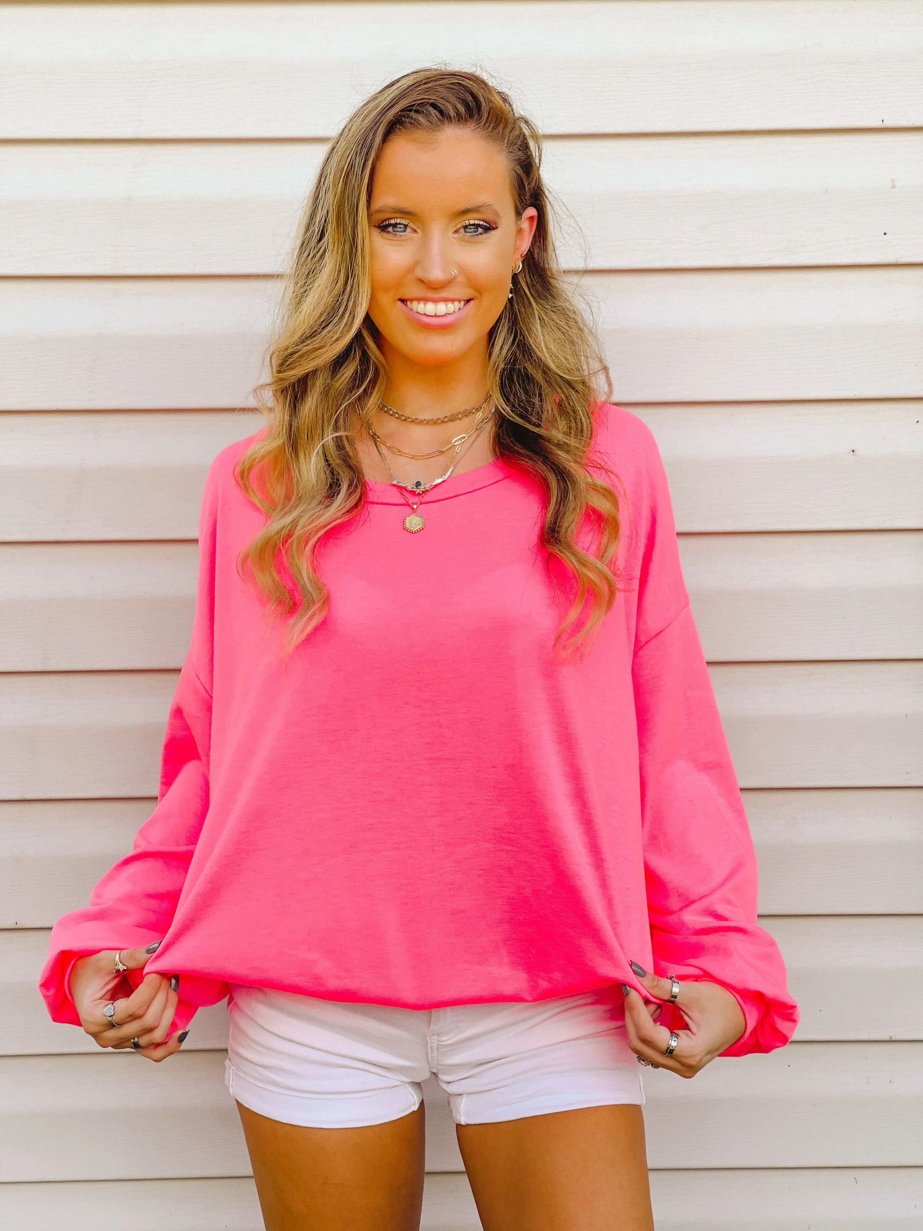 Blush-Worthy Neon Pink Drop-Shoulder Pullover