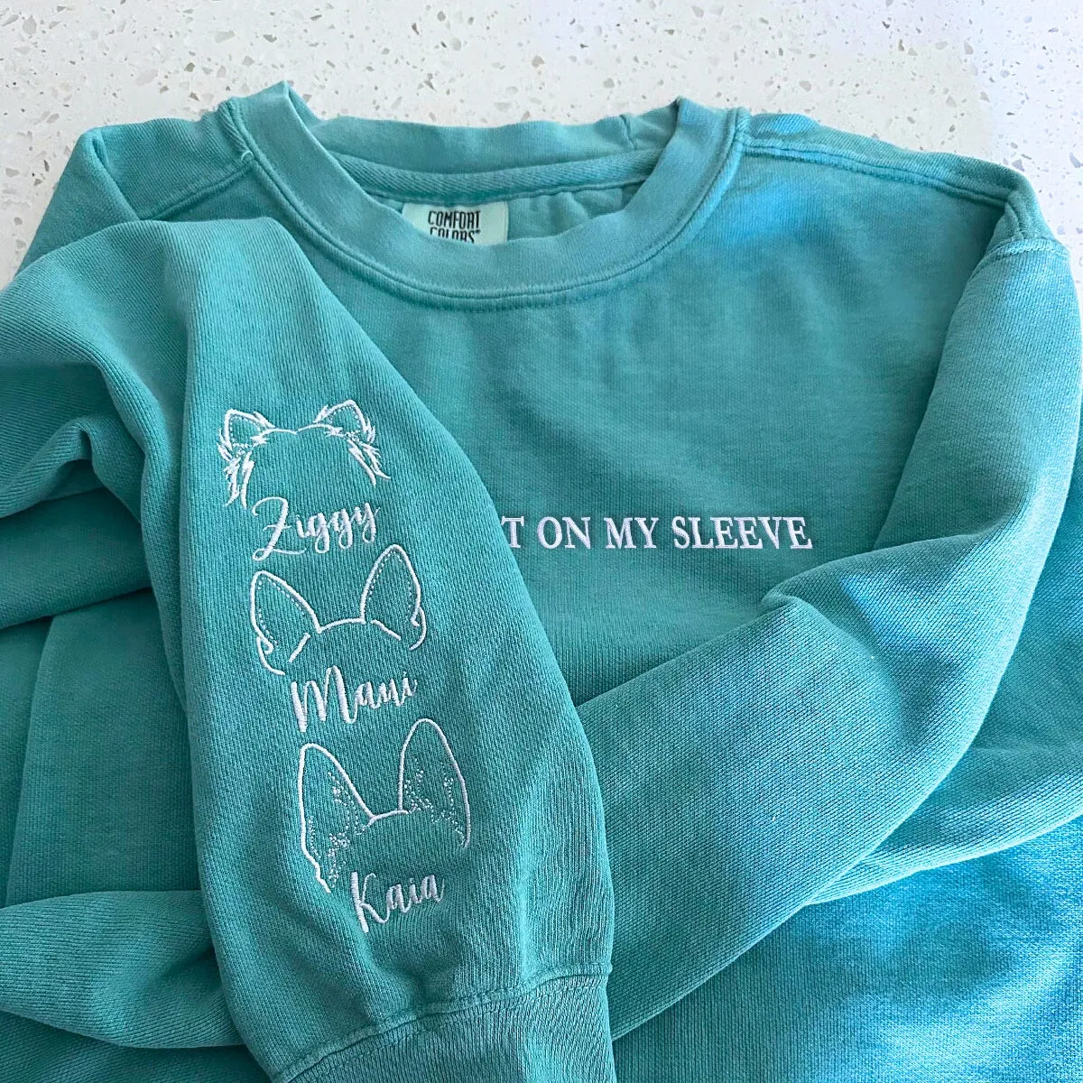 Comfort Color® In My Dog Mom Era Sweatshirt with Custom Embroidered Dog Ear on Sleeve