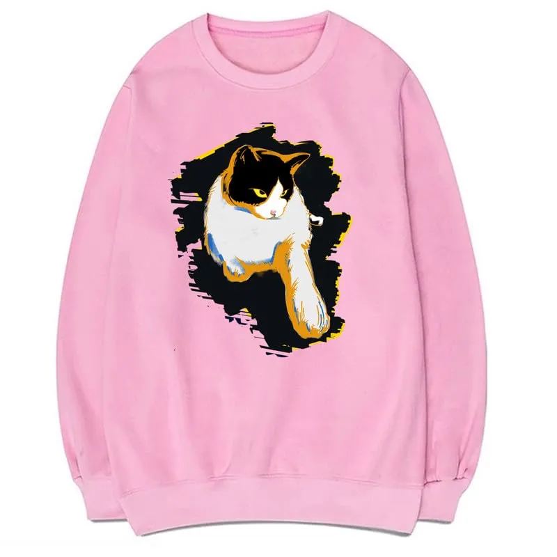 CORIRESHA Unisex Cute Cat Crewneck Long Sleeve Casual Basic Comfortable Pullover Sweatshirt