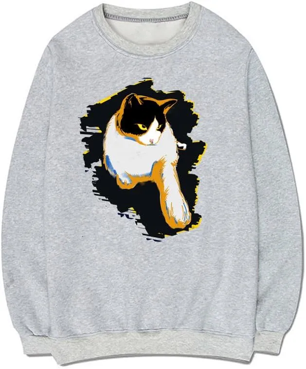 CORIRESHA Unisex Cute Cat Crewneck Long Sleeve Casual Basic Comfortable Pullover Sweatshirt