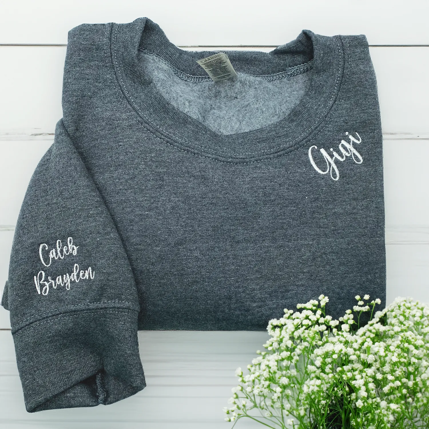 Custom Embroidered Gigi Sweatshirt with Kid Name on Sleeve