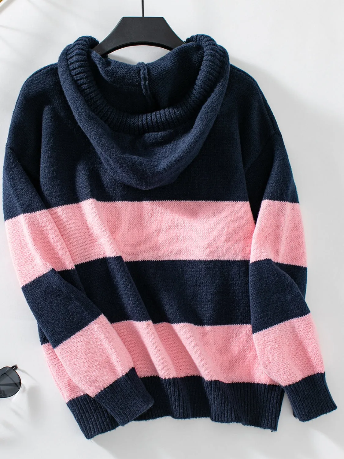 Drawstring Contrast Stripe Dropped Shoulder Hooded Sweater Women's Fashion Pink and Blue