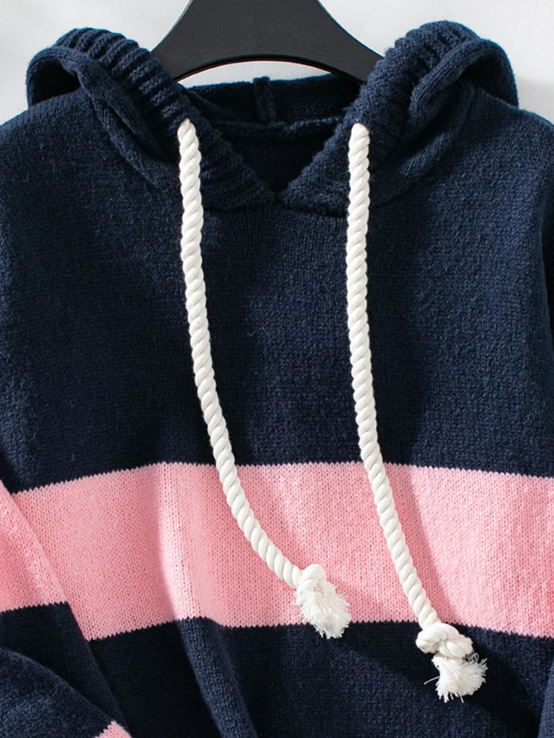 Drawstring Contrast Stripe Dropped Shoulder Hooded Sweater Women's Fashion Pink and Blue