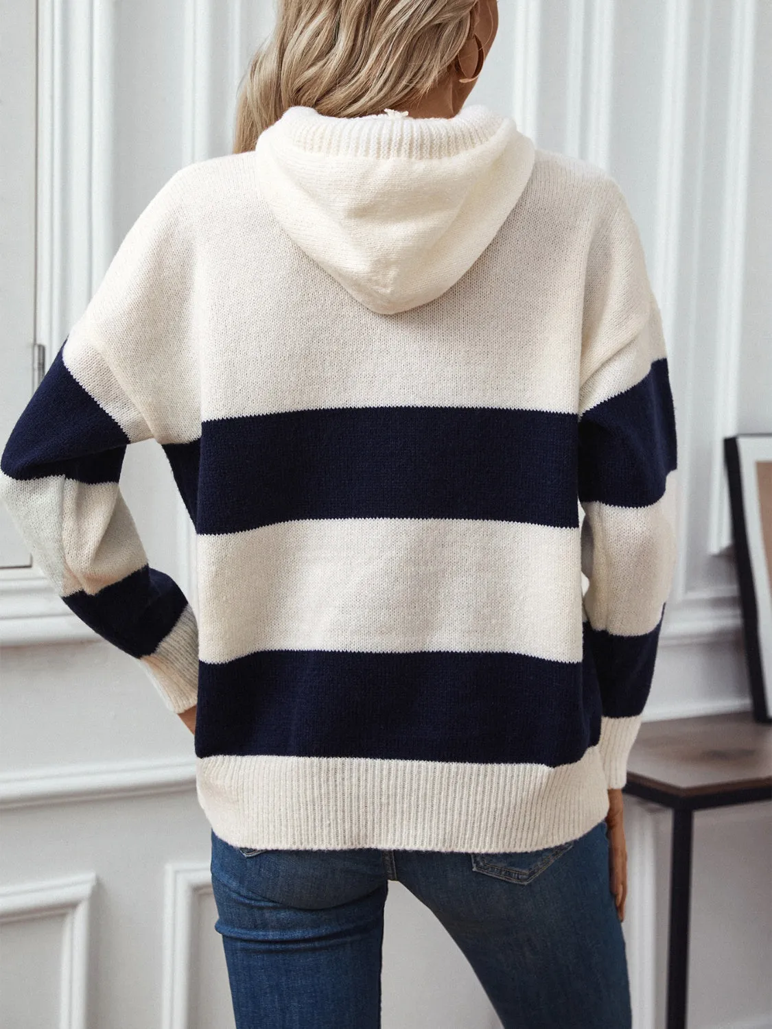 Drawstring Contrast Stripe Dropped Shoulder Hooded Sweater Women's Fashion Pink and Blue