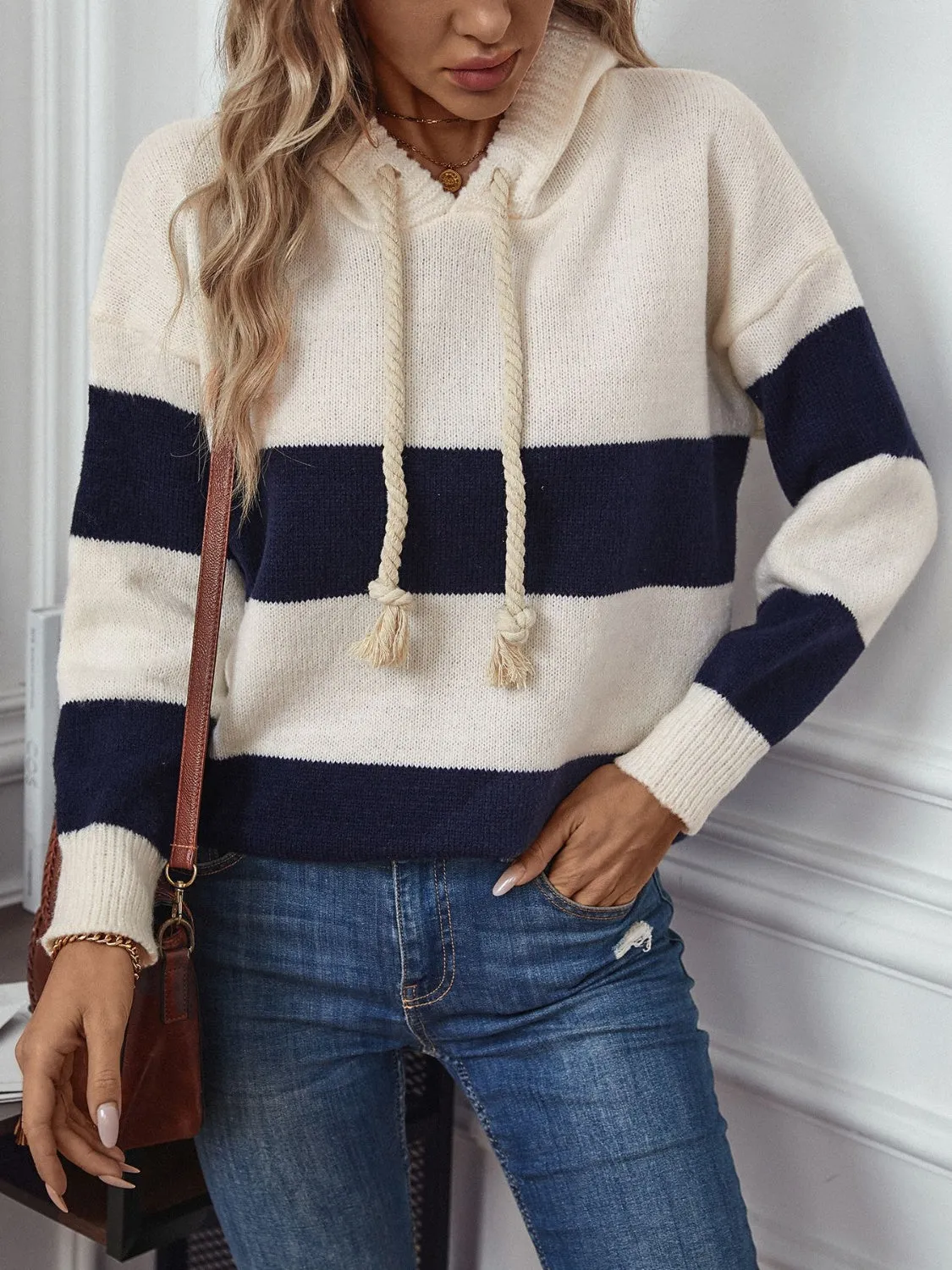 Drawstring Contrast Stripe Dropped Shoulder Hooded Sweater Women's Fashion Pink and Blue