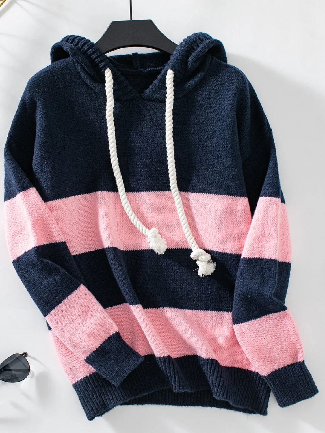 Drawstring Contrast Stripe Dropped Shoulder Hooded Sweater Women's Fashion Pink and Blue