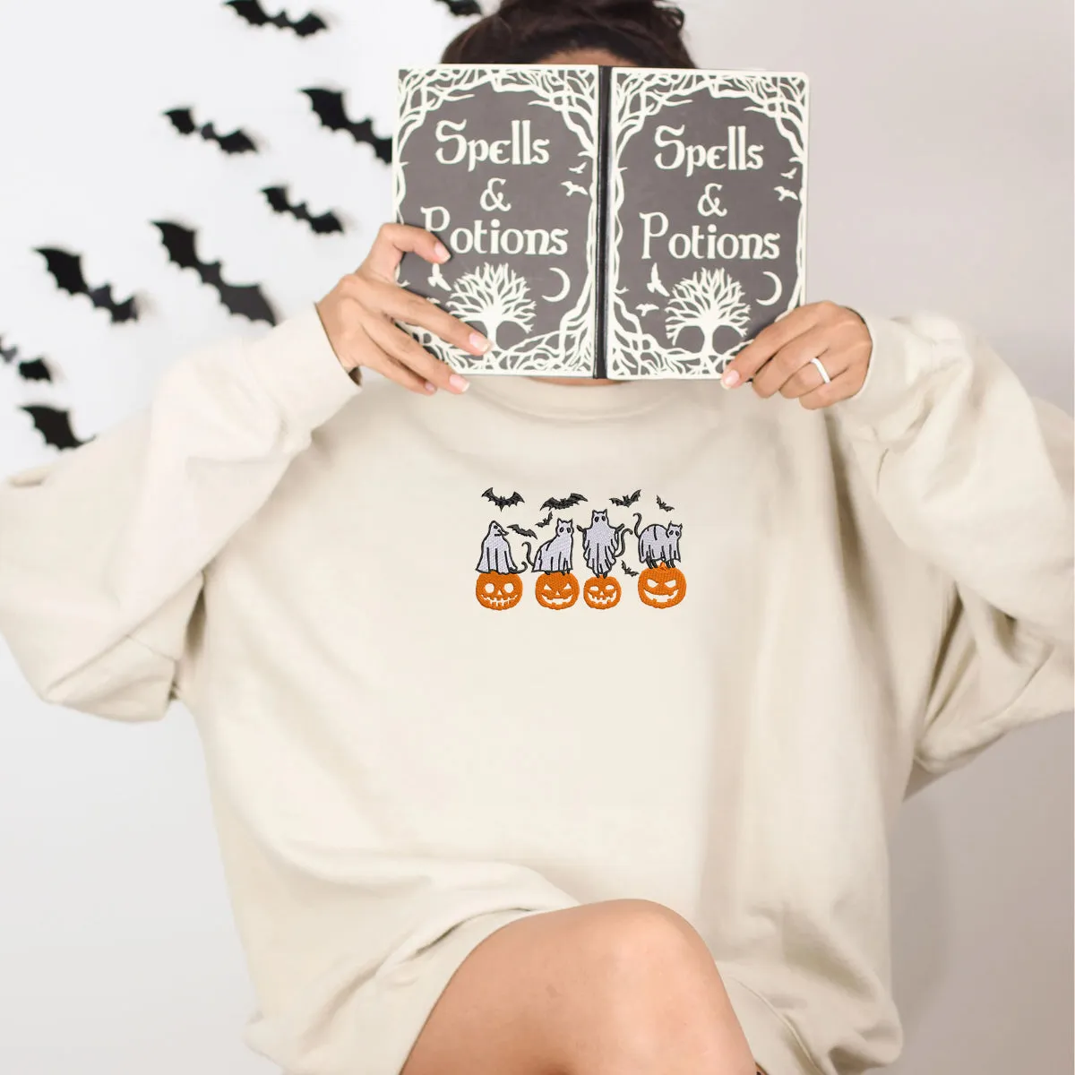 Embroidered Halloween Crewneck with Pumpkin, Bats, Cats Ghost Sweatshirt, Hoodie