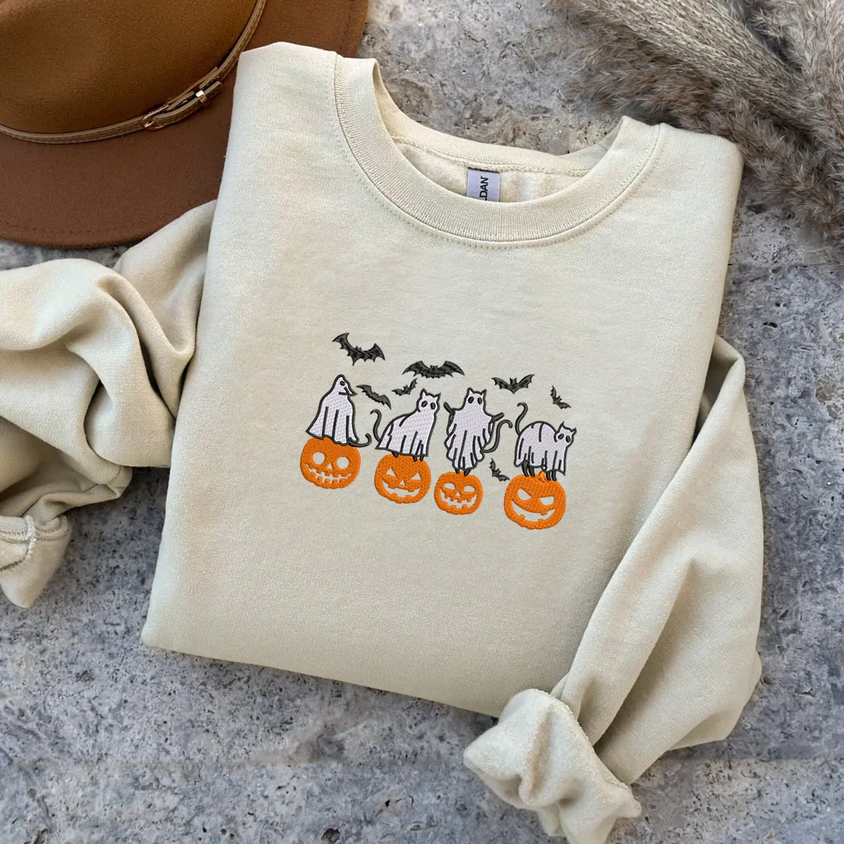 Embroidered Halloween Crewneck with Pumpkin, Bats, Cats Ghost Sweatshirt, Hoodie