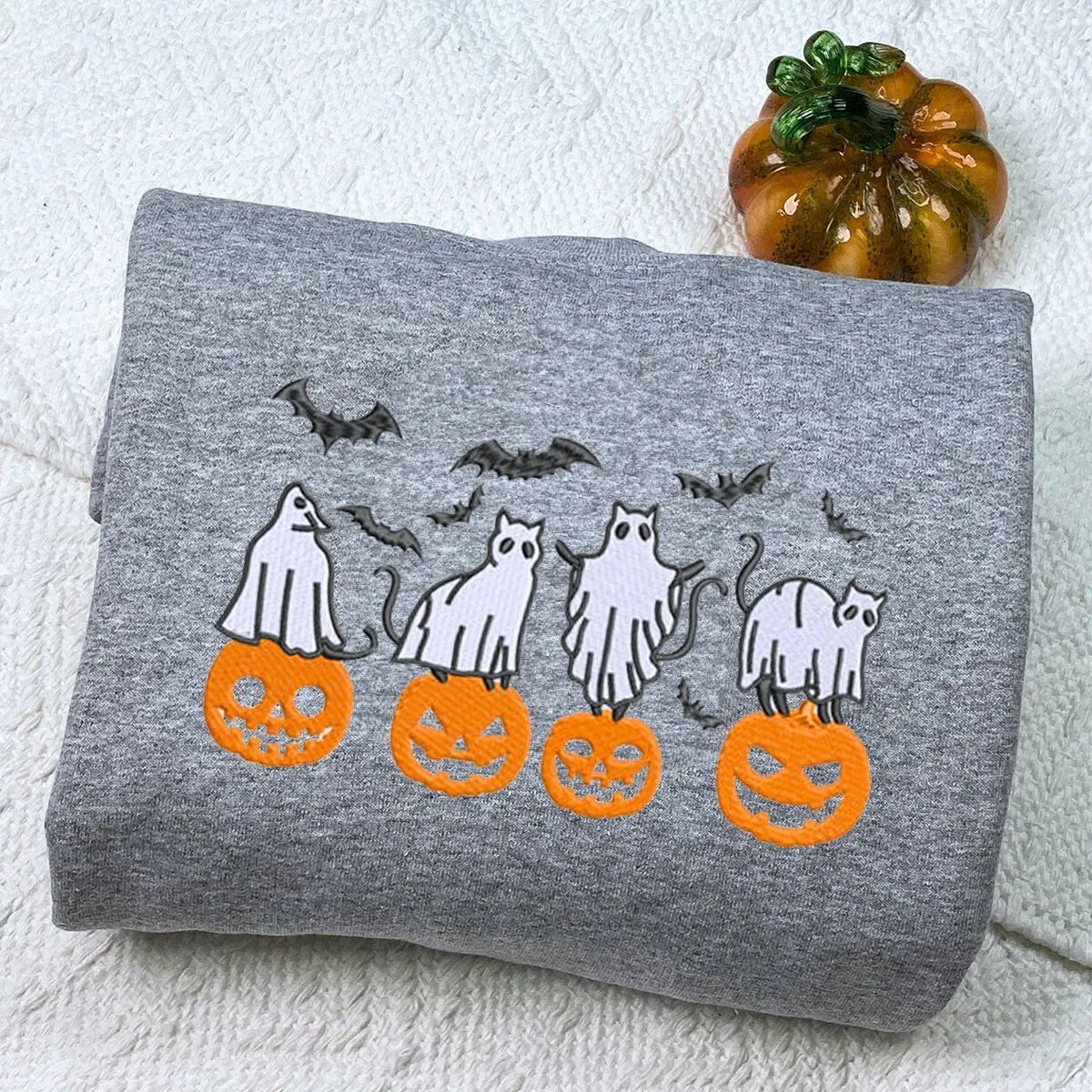 Embroidered Halloween Crewneck with Pumpkin, Bats, Cats Ghost Sweatshirt, Hoodie