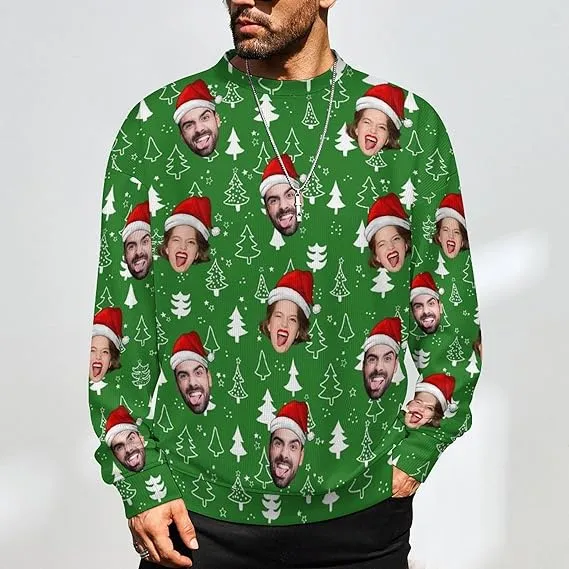 Funny Ugly Christmas Special Custom Face Men's Sweater Personalized Face Sweatshirt for Husband Father Boyfriend Red Green Stripes