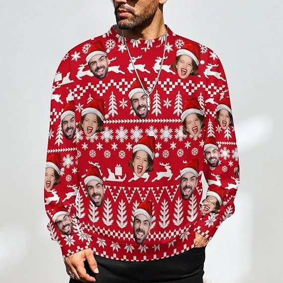 Funny Ugly Christmas Special Custom Face Men's Sweater Personalized Face Sweatshirt for Husband Father Boyfriend Red Green Stripes