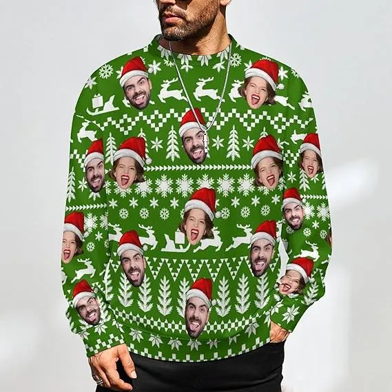 Funny Ugly Christmas Special Custom Face Men's Sweater Personalized Face Sweatshirt for Husband Father Boyfriend Red Green Stripes