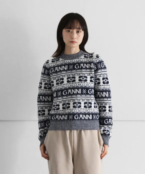 GANNI Logo Wool Mix O-neck Pullover "SKY CAPTION"