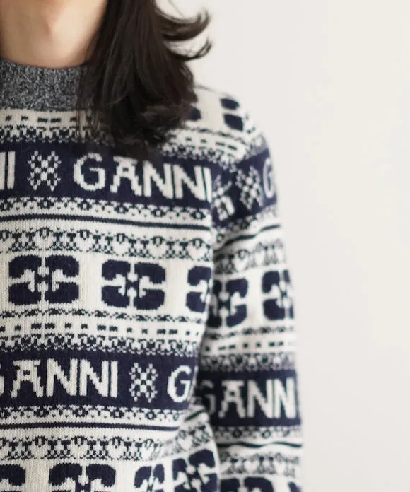 GANNI Logo Wool Mix O-neck Pullover "SKY CAPTION"