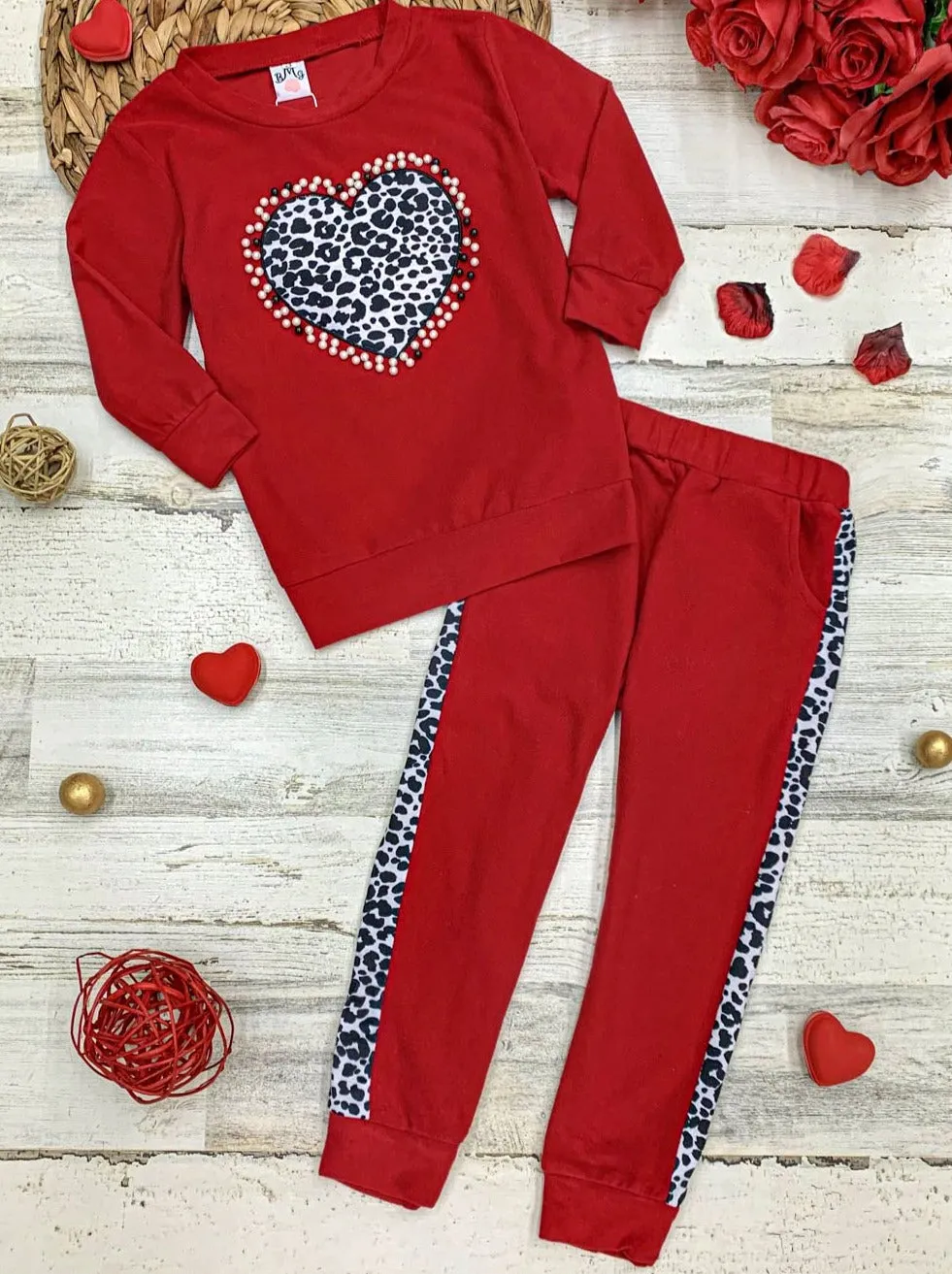 Girls Leopard Heart Applique Sweatshirt and Jogger Set