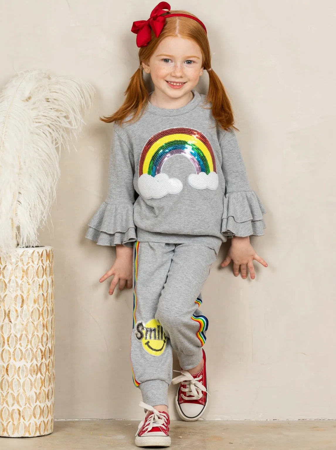 Girls Sequin Rainbow Ruffle Sleeve Pullover Sweatshirt and Jogger Set