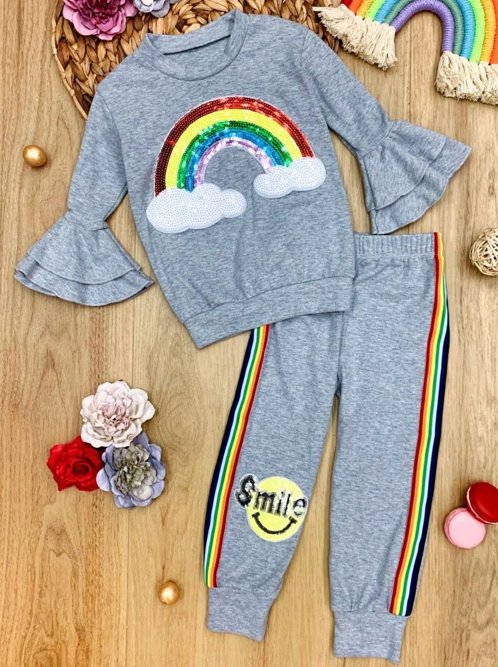 Girls Sequin Rainbow Ruffle Sleeve Pullover Sweatshirt and Jogger Set