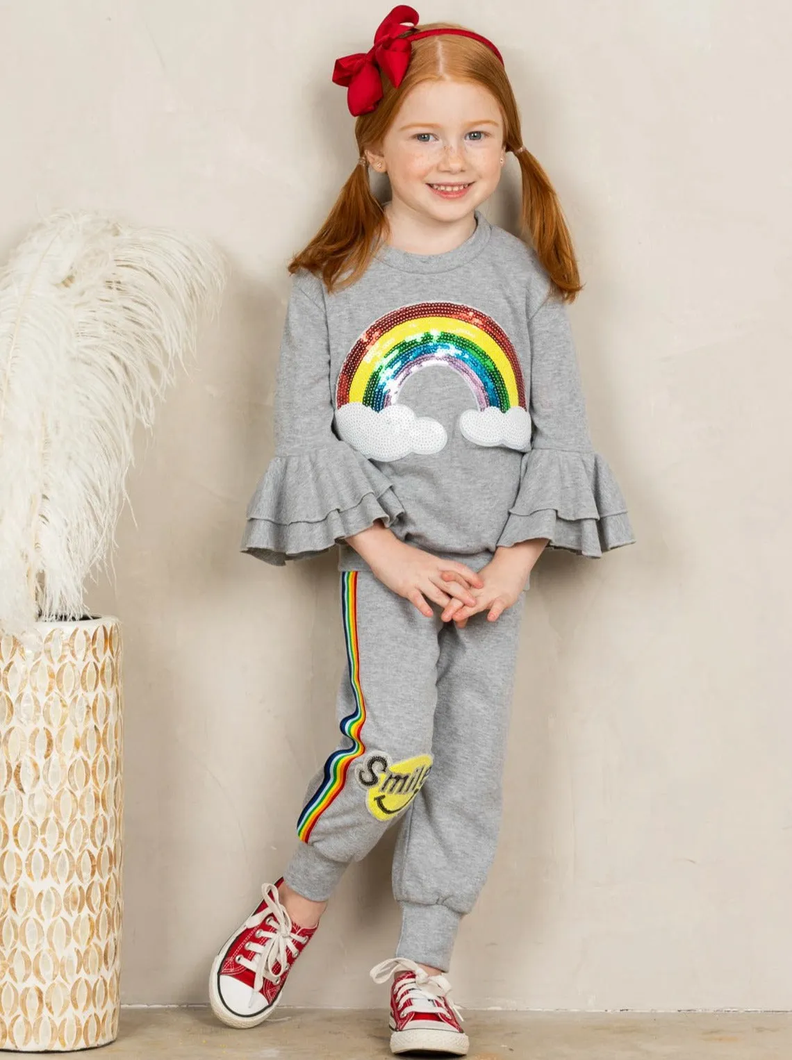 Girls Sequin Rainbow Ruffle Sleeve Pullover Sweatshirt and Jogger Set