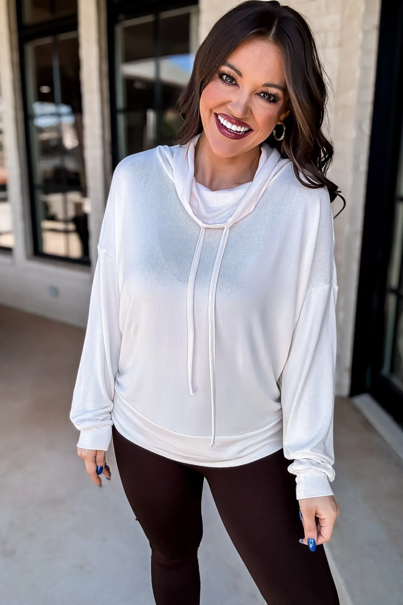 Mono B Brushed  Pearled Ivory Cowl Neck Lounge Pullover