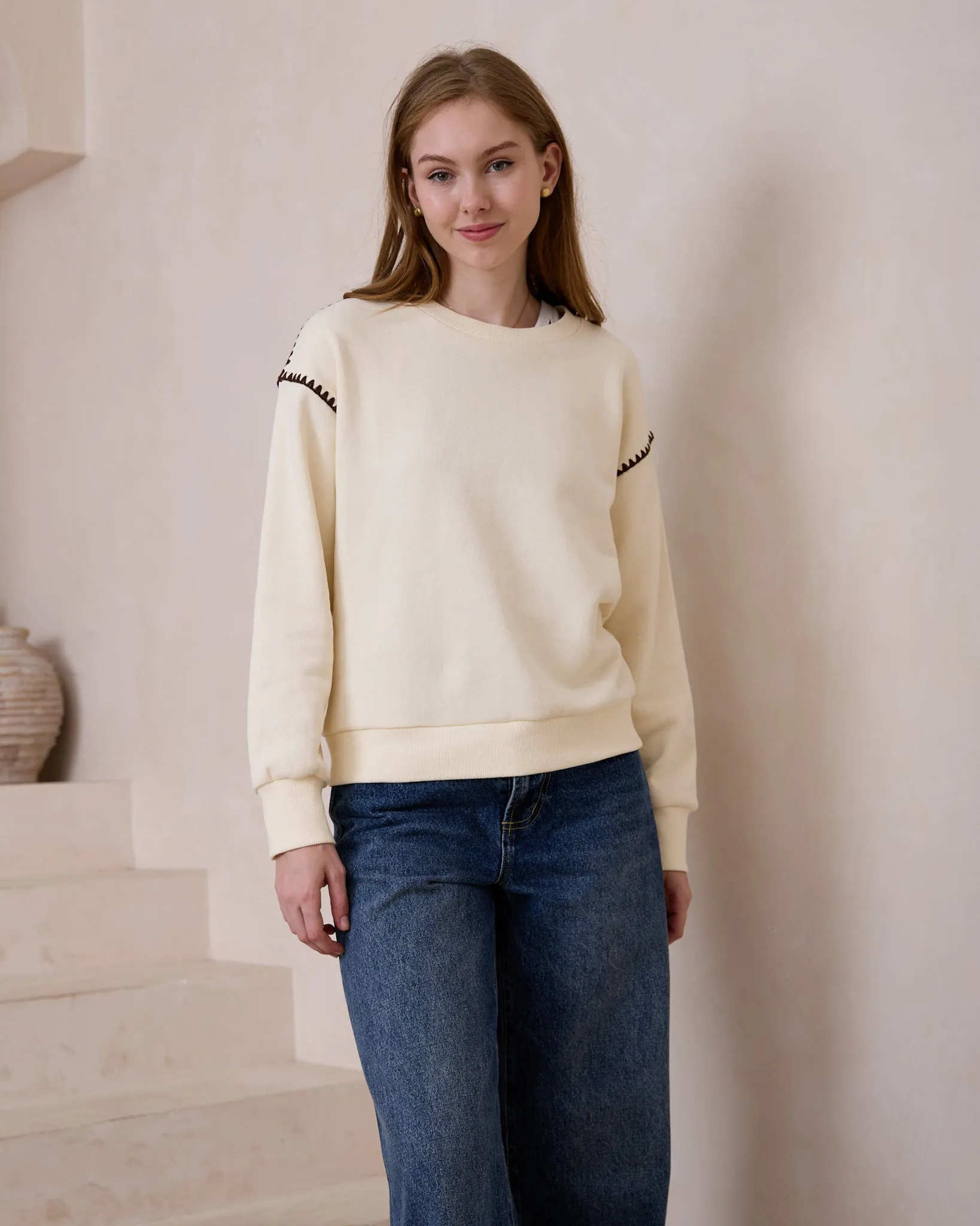 Morgan Cream Contrast Stitch Sweat shirt