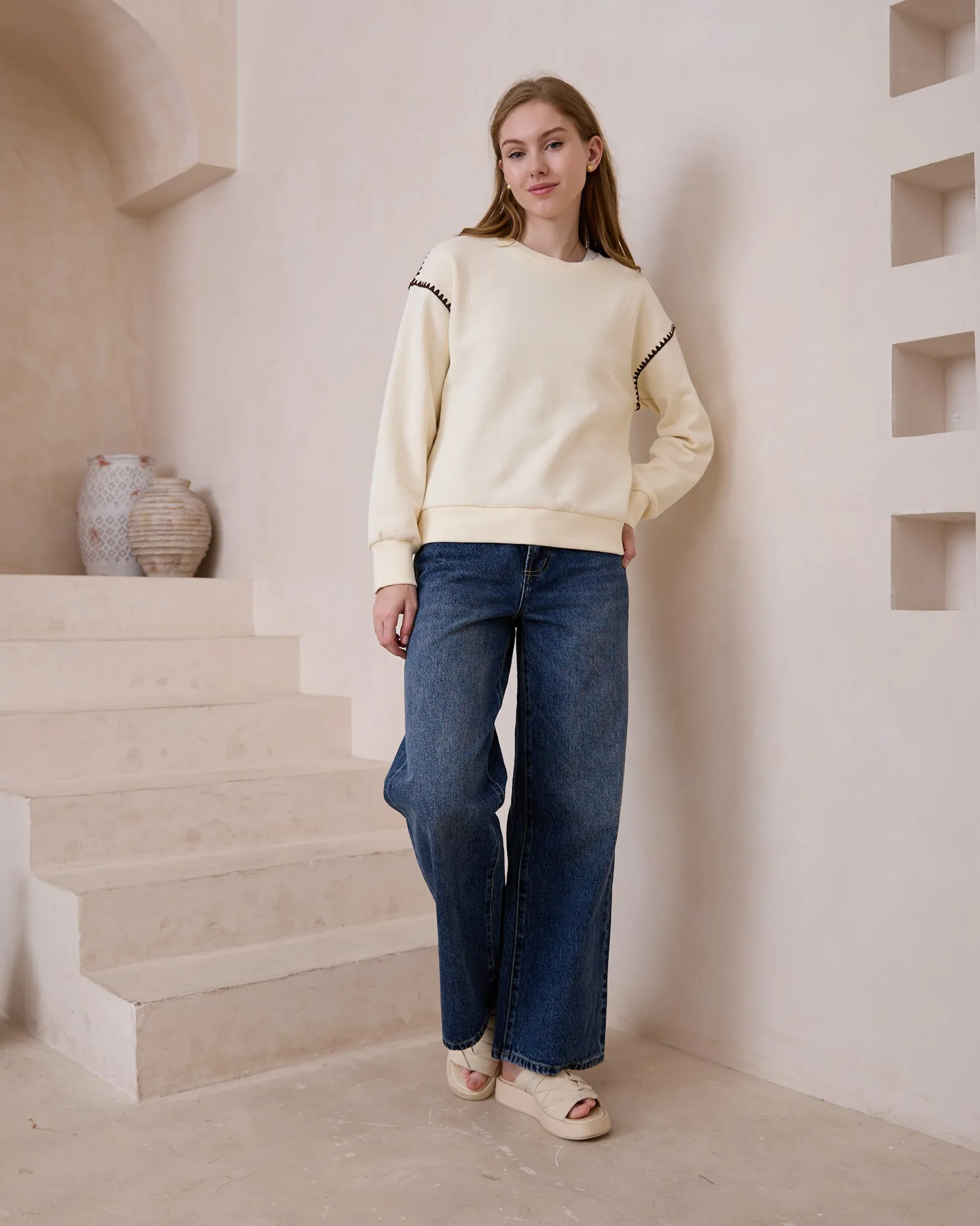 Morgan Cream Contrast Stitch Sweat shirt