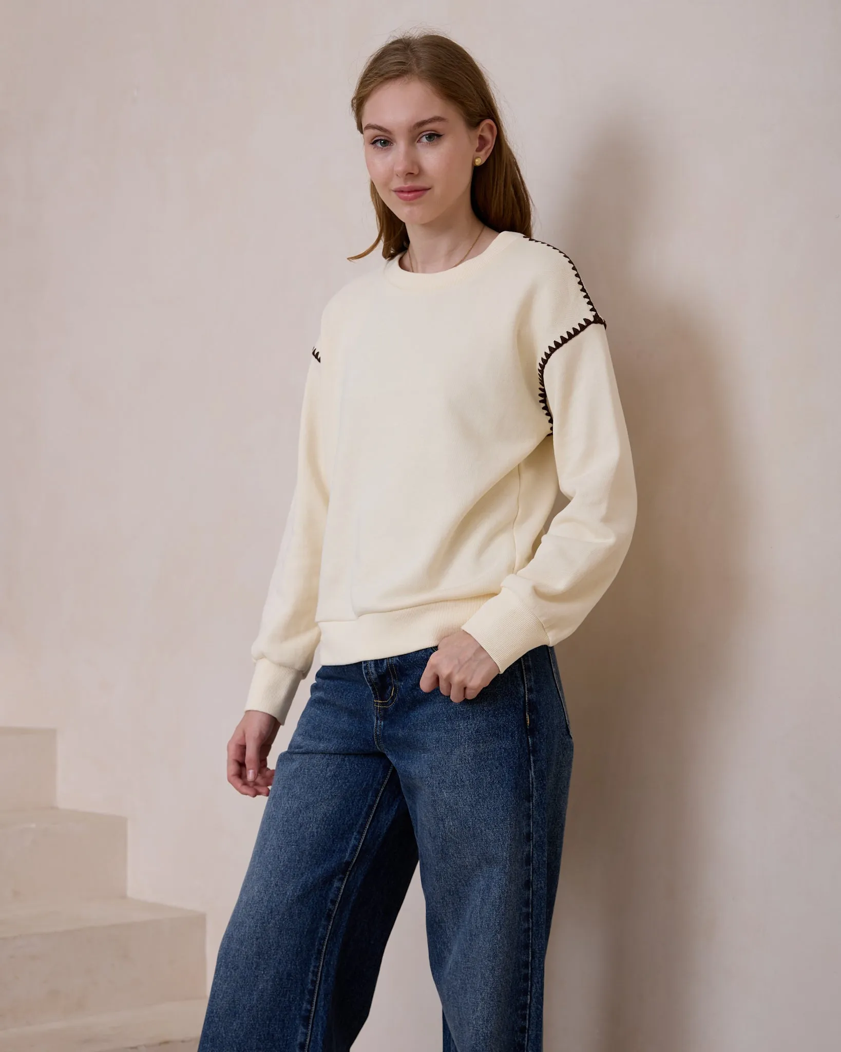 Morgan Cream Contrast Stitch Sweat shirt