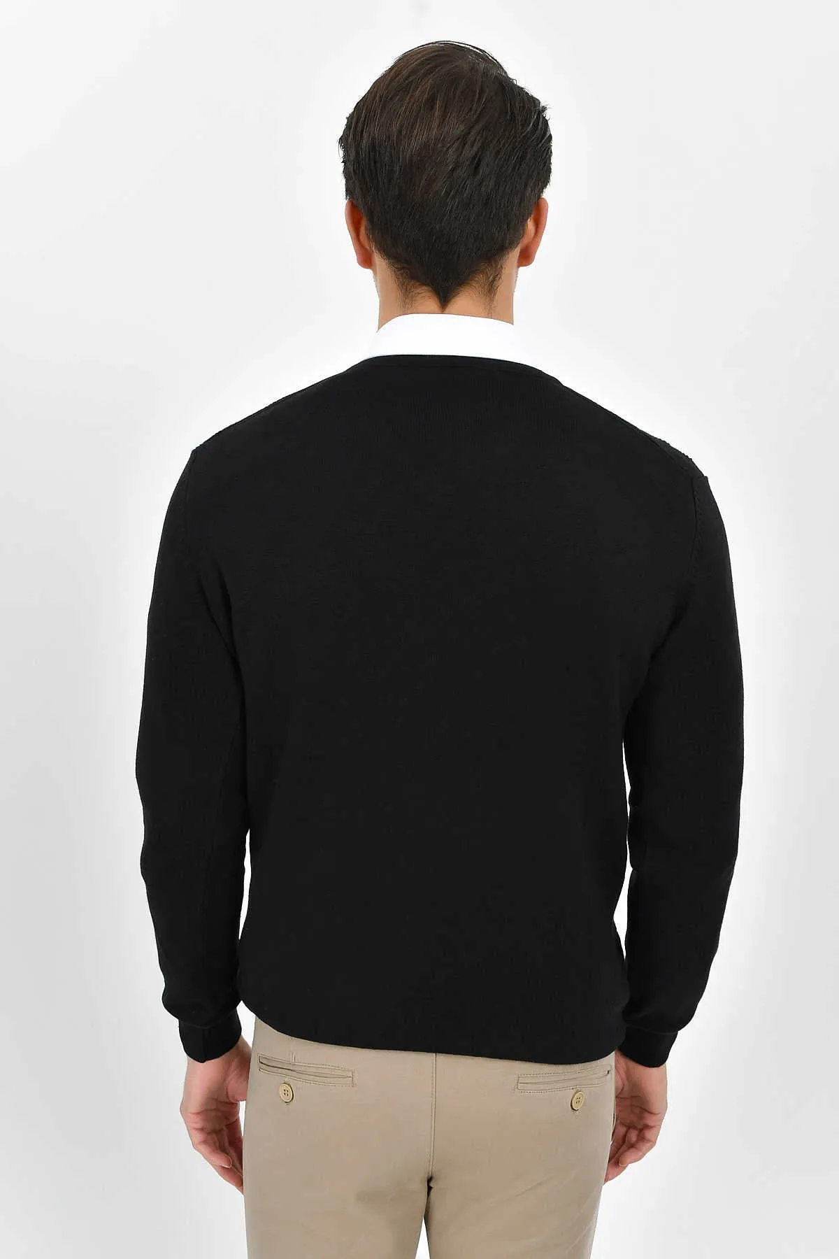 Regular Fit Cotton Blend Black V-Neck Sweater