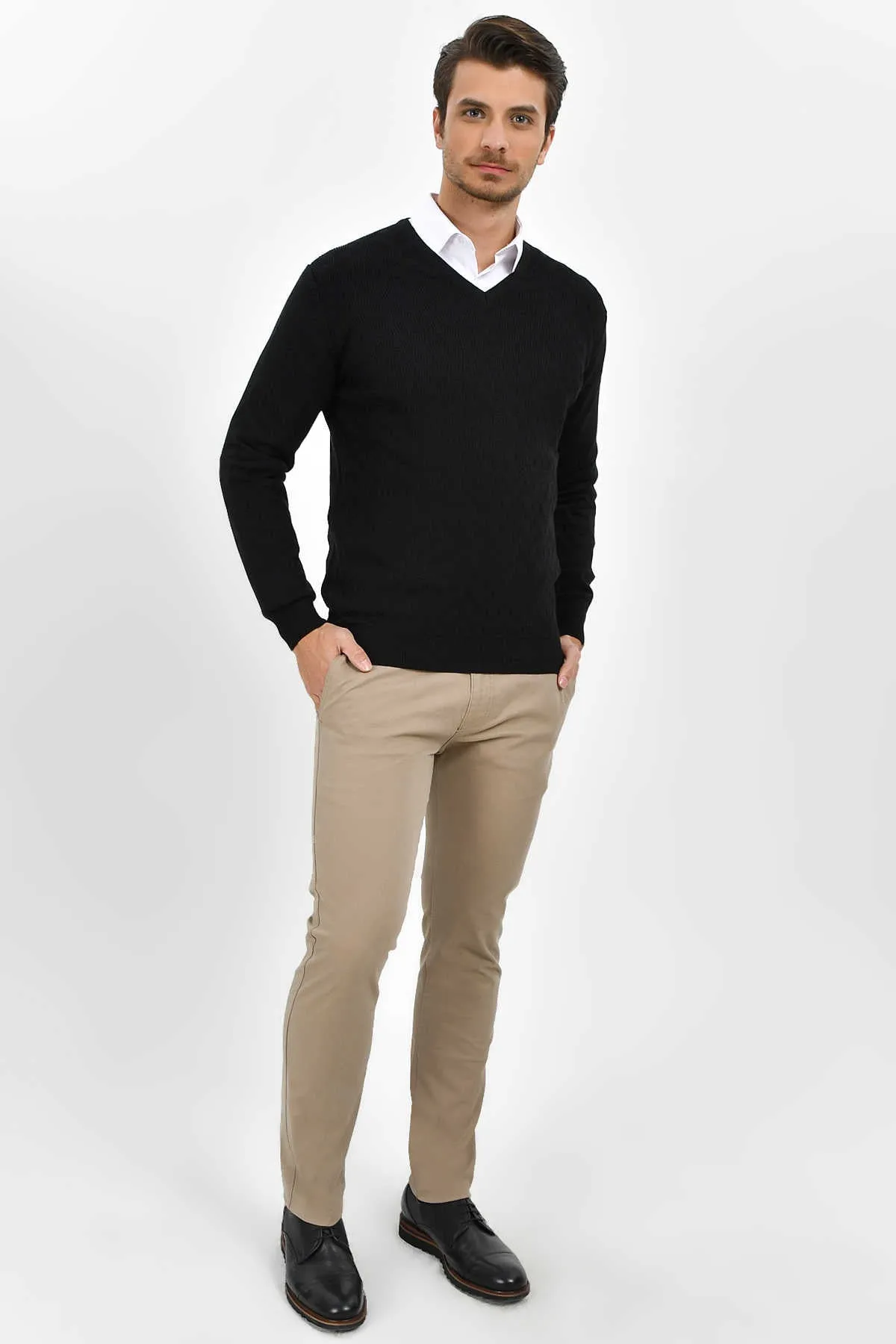 Regular Fit Cotton Blend Black V-Neck Sweater