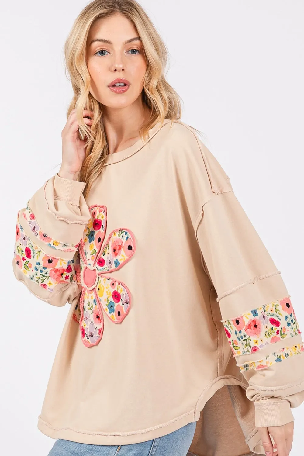 SAGE   FIG Daisy Patch Applique Long Sleeve Sweatshirt