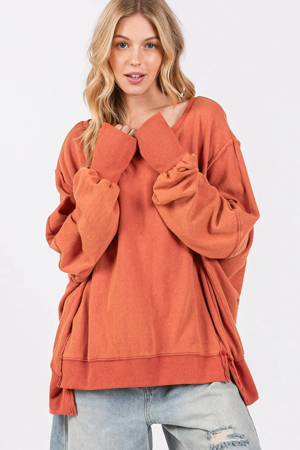 SAGE   FIG Mineral Wash Side Slit Oversized Sweatshirt