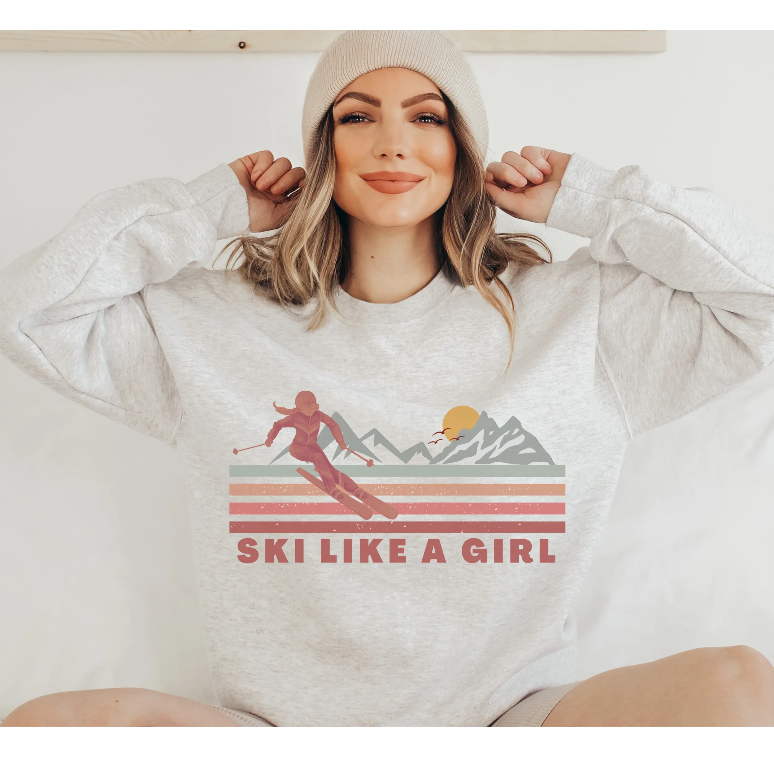 Ski Like a Girl Winter Crewneck Sweatshirt Women's Soft, Cozy Pullover in Ash or White Cute Vintage Retro Winter Design