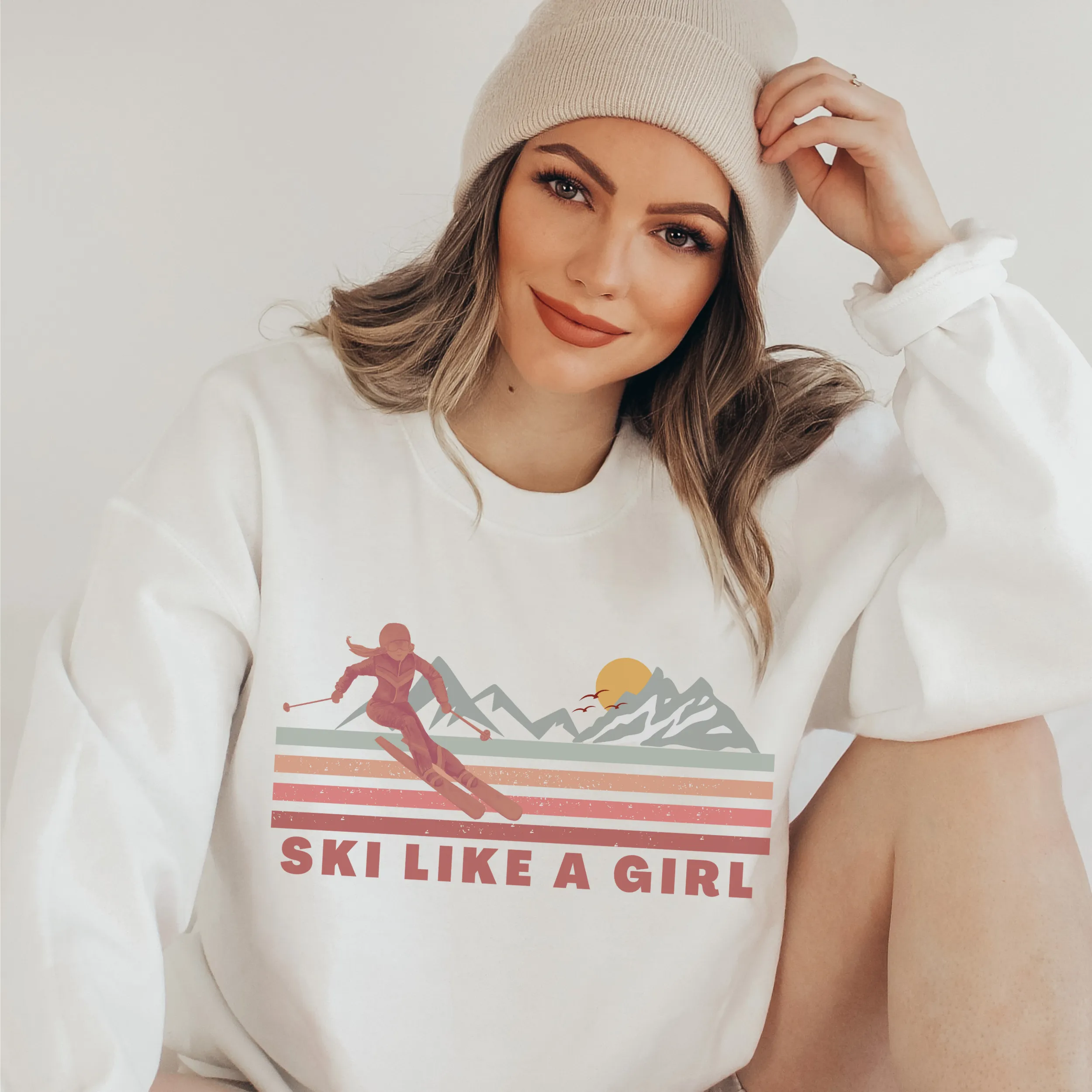 Ski Like a Girl Winter Crewneck Sweatshirt Women's Soft, Cozy Pullover in Ash or White Cute Vintage Retro Winter Design