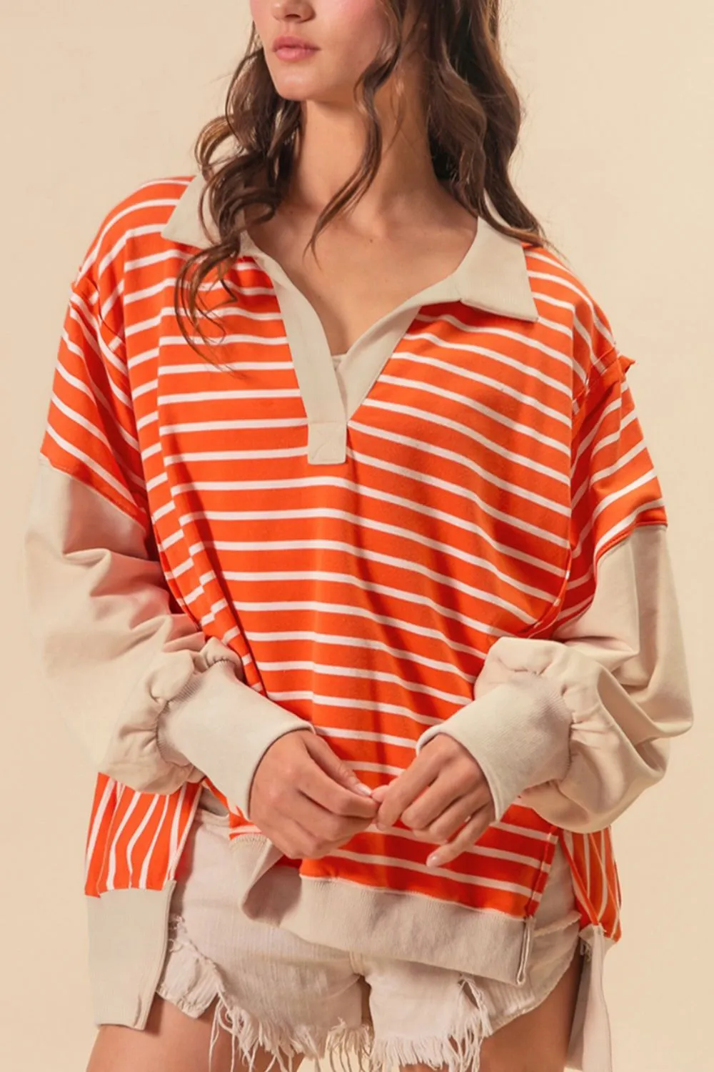 TEEK - Tangerine Striped Johnny Collar Long Sleeve Sweatshirt