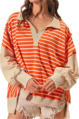 TEEK - Tangerine Striped Johnny Collar Long Sleeve Sweatshirt