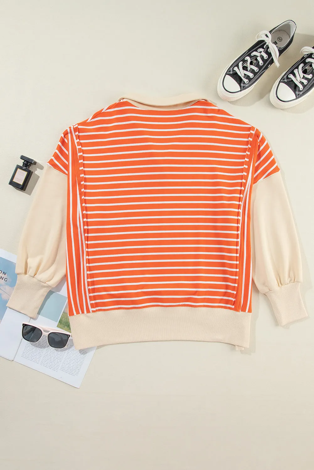 TEEK - Tangerine Striped Johnny Collar Long Sleeve Sweatshirt