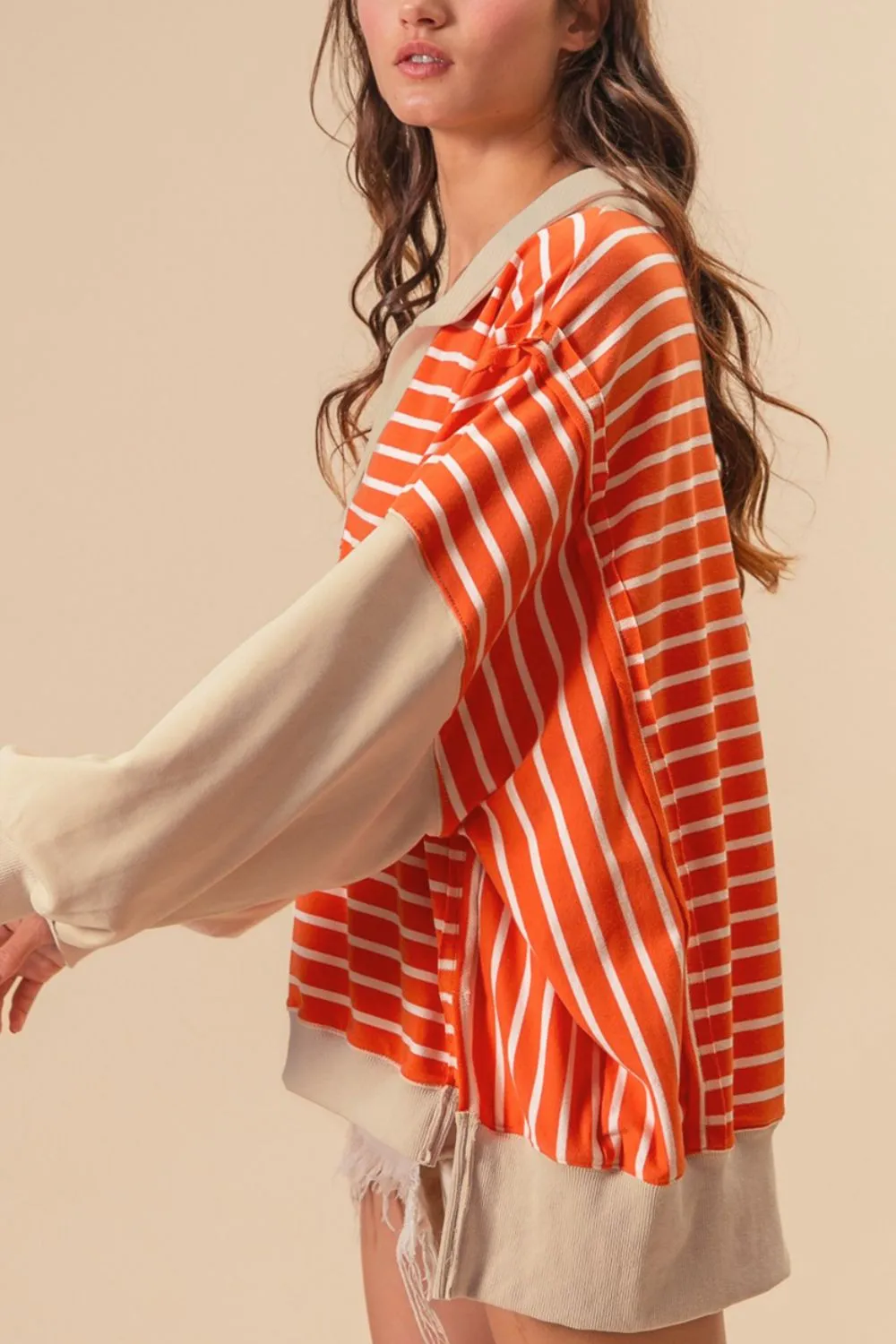 TEEK - Tangerine Striped Johnny Collar Long Sleeve Sweatshirt