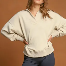 Umgee USA Ecru Sweatshirt Johnny Collar Long Sleeve Casual Basic Top