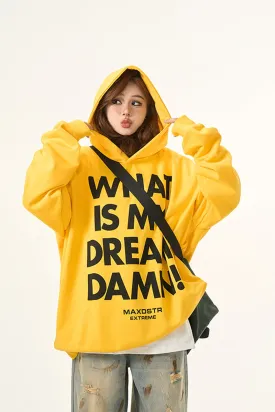 Vintage Letter Print Yellow Hooded Sweatshirt