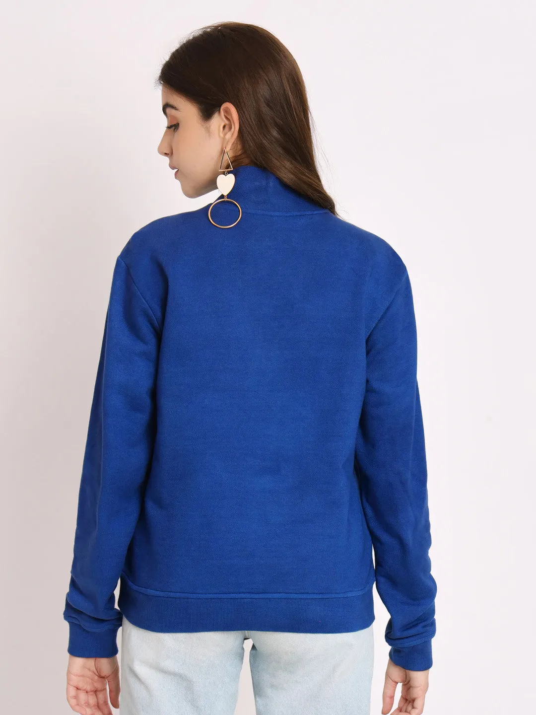 Women Solid Cotton Pullover Blue Sweatshirt