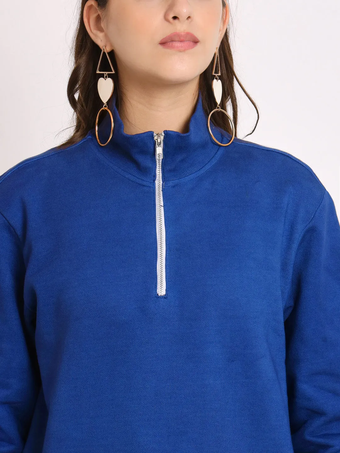 Women Solid Cotton Pullover Blue Sweatshirt