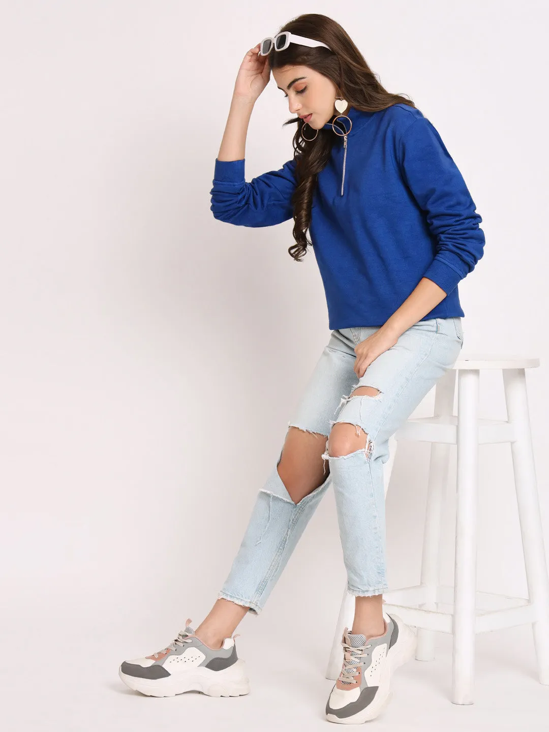 Women Solid Cotton Pullover Blue Sweatshirt