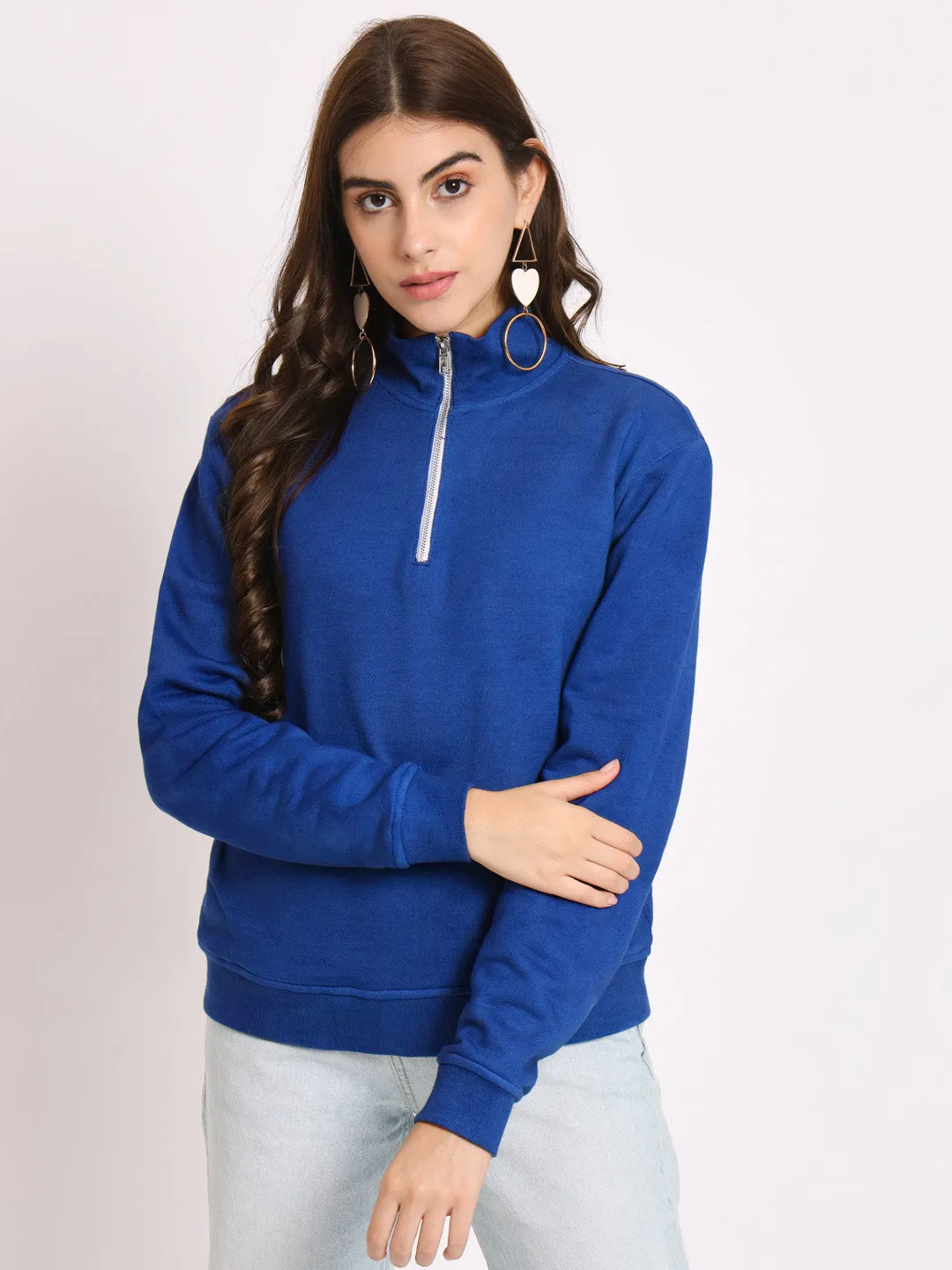 Women Solid Cotton Pullover Blue Sweatshirt