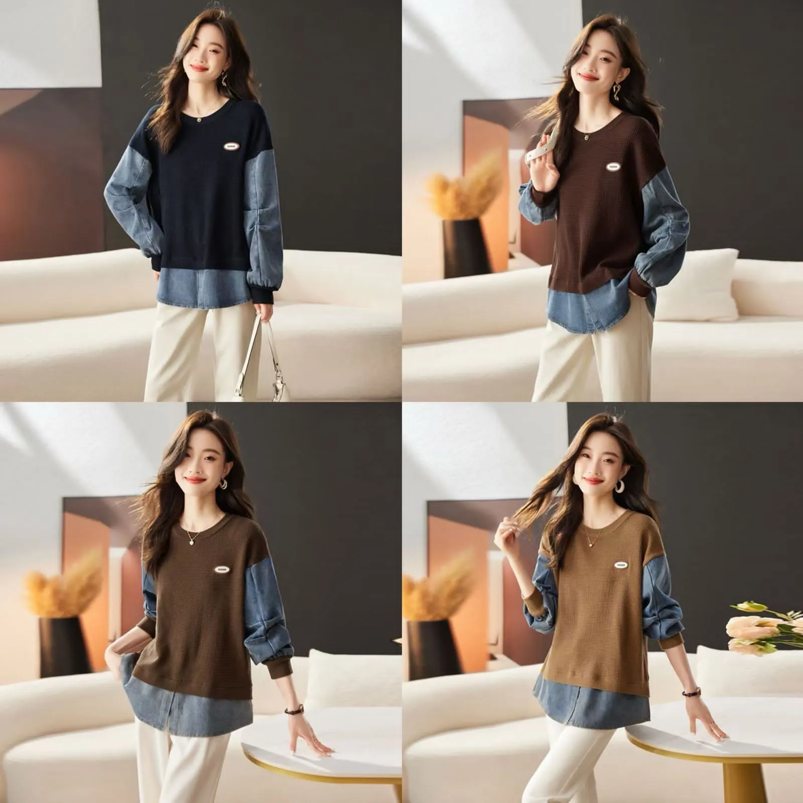 Women winter wollen denim sweatshirt