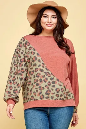 Women's Plus Size Cute Animal French Terry Brush Contrast Print Pullover